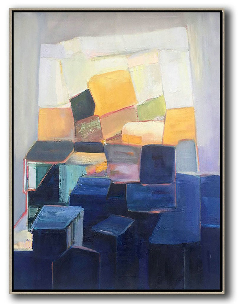 Original Art Acrylic Painting,Vertical Palette Knife Contemporary Art,Large Colorful Wall Art,Grey,Yellow,Dark Blue.etc